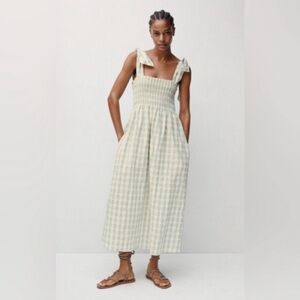 MANGO Shirred Seersucker Midi Maxi Dress Sage Gingham